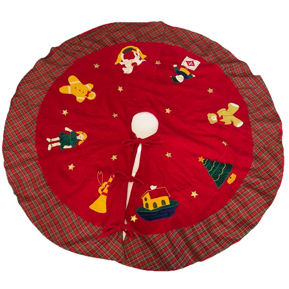 Vtg Christmas Scene‎ Applique & Embroidered Velvet Tree Skirt Plaid Trim 46"